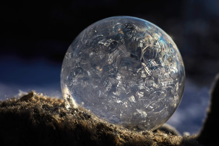 Frozen soap bubble with ice crystals at sunlight