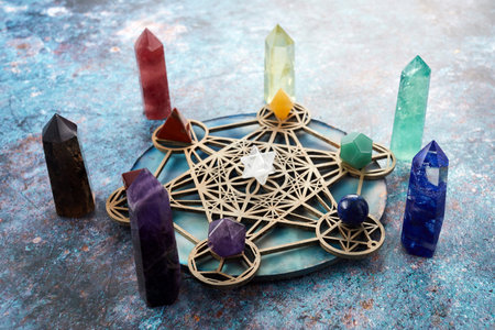 Meditation, reiki and crystal healing background. Healing crystals grid.