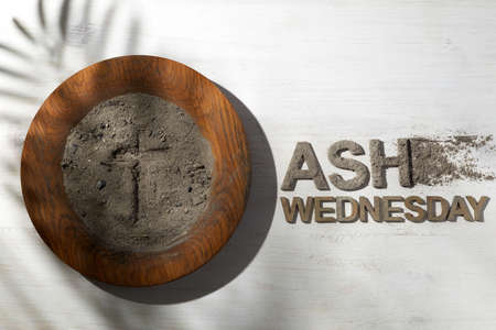 Ash wednesday, crucifix made of ash, dust as christian religion. Lent beginningの写真素材