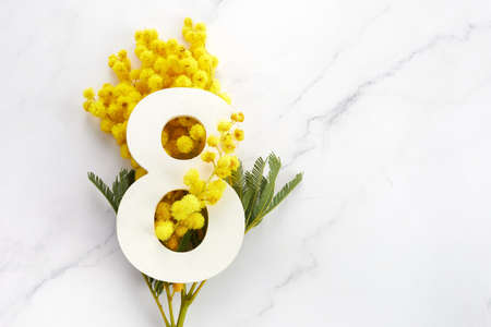Greeting for International Womens Day on March 8th. Branches of mimosa and number eight.の写真素材
