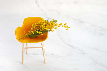 Mimosa bouquet on yellow chair on marble background.の写真素材