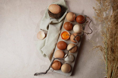Zero waste Easter concept. Natural colored brown different eggs. Eco friendly lifestyle.