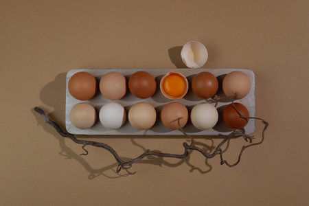 Zero waste Easter concept. Natural colored brown different eggs. Eco friendly lifestyle, hard sun...
