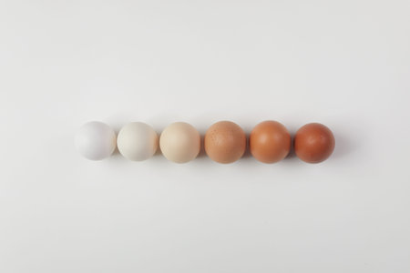 Different brown colors eggs on white background. Color gradient. Zero waste Easter concept.