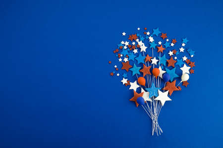 Happy Labor Day banner. Red, white, blue color stars and baloons on blue background.の写真素材