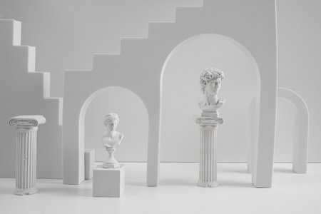 Background for product presentation. Antique columns ans statues on white backgroundの写真素材