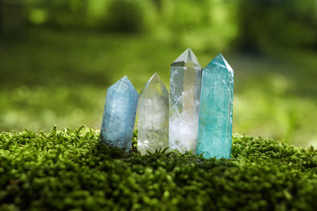 Gemstones minerals on mysterious nature background. Magic Rock for Crystal Ritual, healing spiritual practice.の写真素材