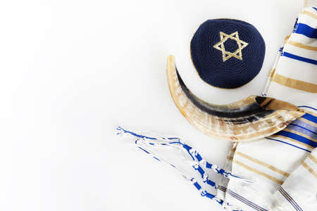 Yom kippur, Rosh hashanah, jewish New Year holiday, concept. Religion image of shofar - horn on white prayer talit.の写真素材