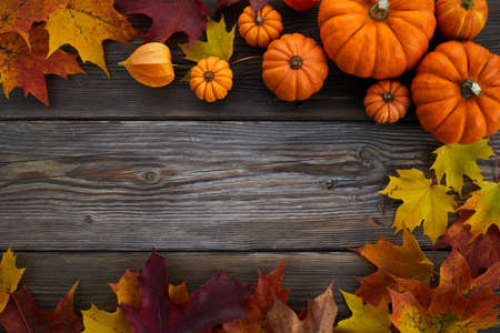 Framework with pumpkins and fall leaves on wooden background. Top view.の写真素材