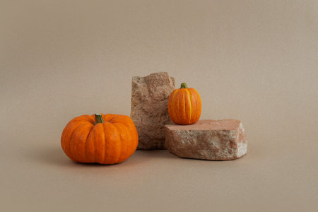 Halloween background podium display with pumpkins on biege background. Cosmetic, beauty product...