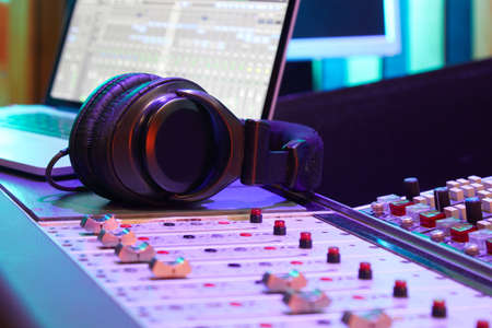 Music Record Studio Control Desk with Laptop Screen. Professional Equipment. Record.の写真素材