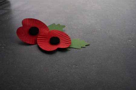 World War remembrance day. Red poppy is symbol of remembrance to those fallen in war. Red poppies on dark stone backgroundの写真素材