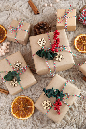 Christmas zero waste flat lay, eco friendly packaging on fur background