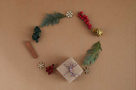 Christmas round frame made of natural nature things. Flat lay. Top viewの写真素材