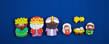 Happy Epiiphany day. Homemade cookies in the shape of the three wise men and Holy family.の写真素材