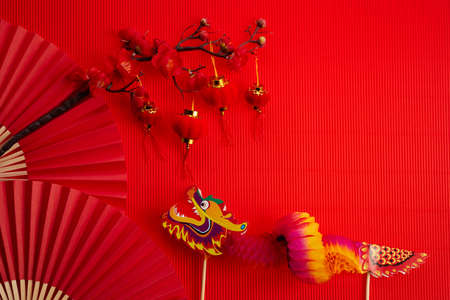Chinese new year background with paper dragonの写真素材
