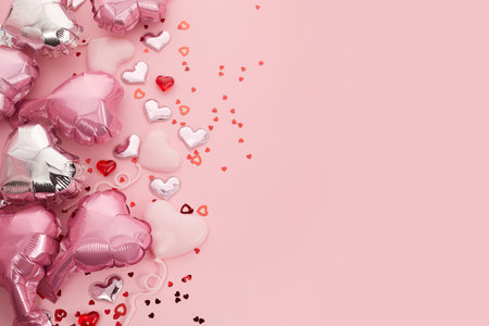 Romantic background for wedding, Valentines Day and birthday. Silver and pink heart-shaped balloons, confetti pink metal love heart.の写真素材