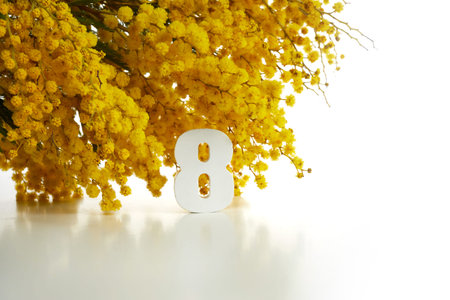 Greeting for International Womens Day on March 8th. Branches of mimosa and number eight.