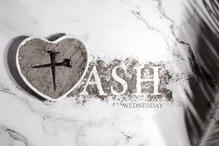 Ash wednesday, crucifix made of ash, dust as christian religion. Lent beginning