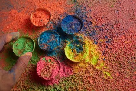 Happy Holi background. Organic colors powder in bowl for Holi festival.の写真素材