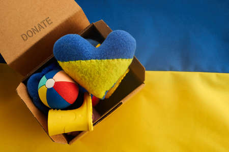 Donations for the needs of Ukrainian migrants, humanitarian aid concept.の写真素材