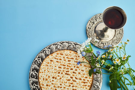 Pesah celebration concept, jewish Passover holiday. Matzah and red kosher. Traditional ritual Jewish...