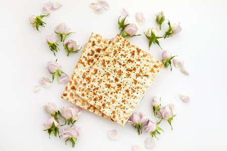 Pesah celebration concept, jewish Passover holiday. Traditional ritual Jewish bread on white backgroundの写真素材