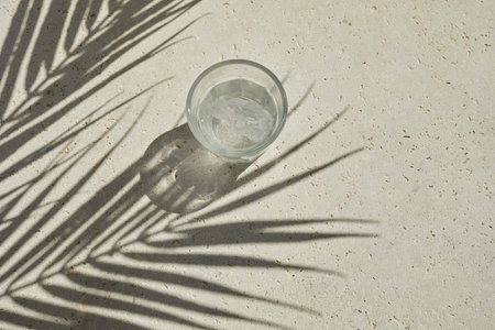 Trend glass of sparkling water from glass with palm leaf shadows on travertine stone background. Summer drink at sunlight. Minimal top viewの写真素材