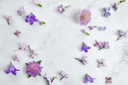 Lilac flower pattern background top view, flat lay.の写真素材