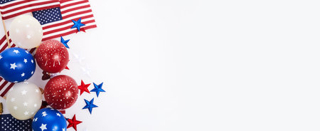 Independence Day background with american flags, balloons, stars. 4th july frameの写真素材