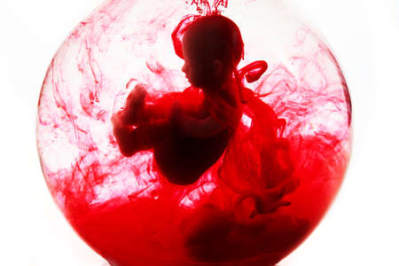 Abortion concept. Baby doll in the red blood looks like abortation.の写真素材