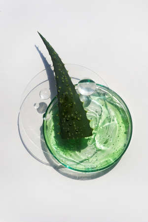 Abstract cosmetic laboratory. Aloe vera cosmetic product, natural ingredients and laboratory glassware.の写真素材