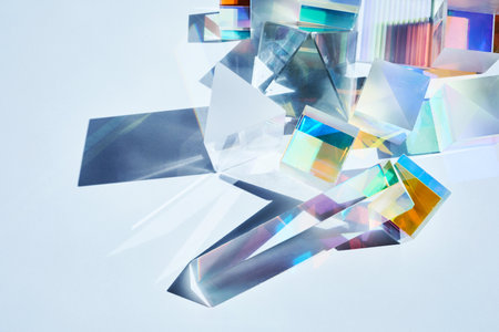 Geometric figures prisms with light diffraction of spectrum colors and reflection with trendy lightの写真素材