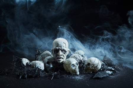 Creepy Halloween background - black bats and skulls on black.の写真素材