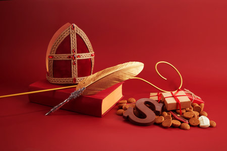Sinterklaas - St.Nicholas day in December. Children holiday in Netherlands ang Belgium. Chocolate spicy ginger cookiesの写真素材
