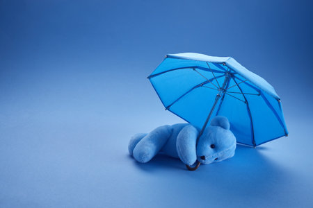 Blue teddy bear with umbrella on blue background. Blue monday concept.の写真素材