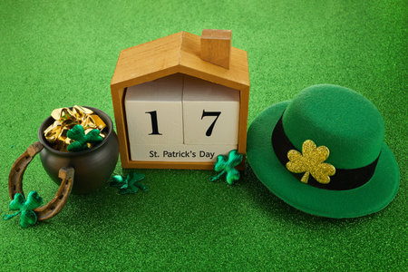 Saint Patricks Day. Pot full of Gold, Green Hat and Shamrock