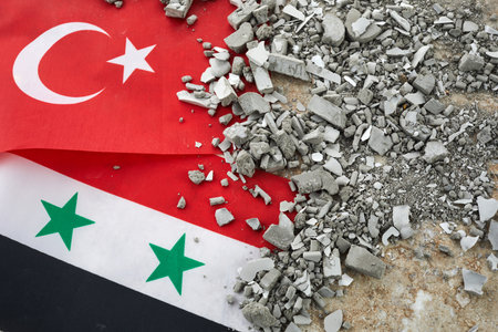 Turkey and Syria Earthquake, A background of the Turkish and Syria flag and brick debrisの写真素材