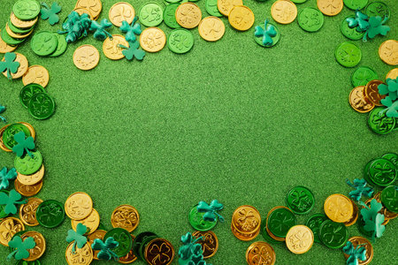 St Patricks Day frame of shamrocks and gold coinsの写真素材