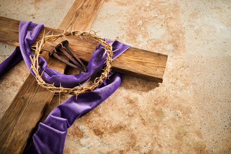 Lent season, Holy week and Good friday concept. Cross With three Nails And Crown Of Thorn on stone backgroundの写真素材