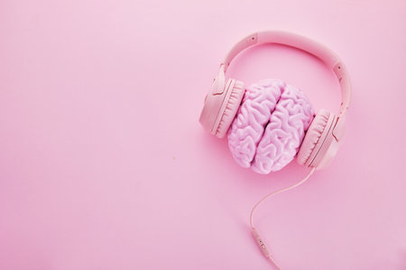 Music brain and musical therapy. Human brain with headphonesの写真素材