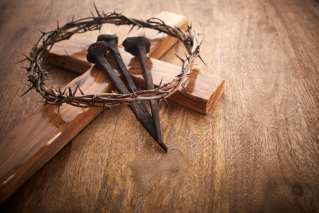 Jesus Crown Thorns and nails on Old and Grunge Background.の写真素材