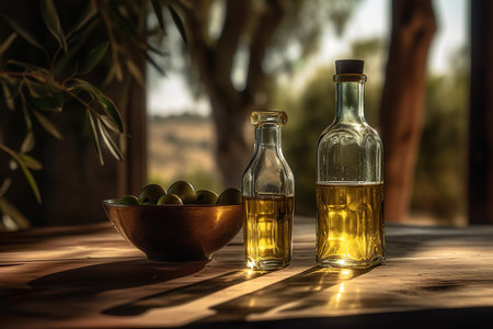 Olive oil on background of olive grove. Generative Ai.の素材