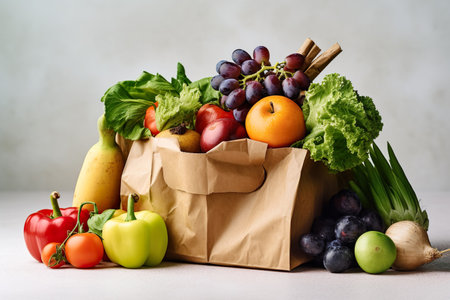 Paper bag with assortment of fresh organic fruits. Generative Ai.の素材