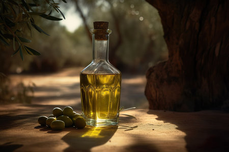 Olive oil on background of olive grove. Generative Ai.の素材