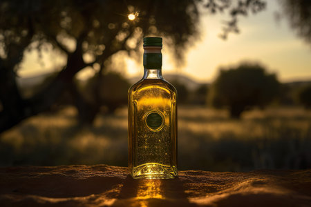 Olive oil on background of olive grove. Generative Ai.の素材