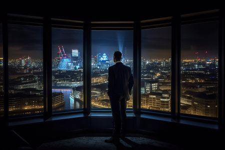 Businessman looking at city through window. Generative Ai.の素材