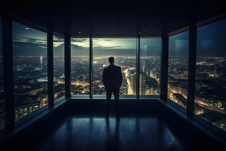 Businessman looking at city through window. Generative Ai.の素材