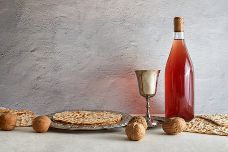 Passover celebration concept. Matzah, red kosher and walnut.
