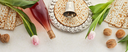 Passover celebration concept. Matzah, red kosher and walnut.の写真素材